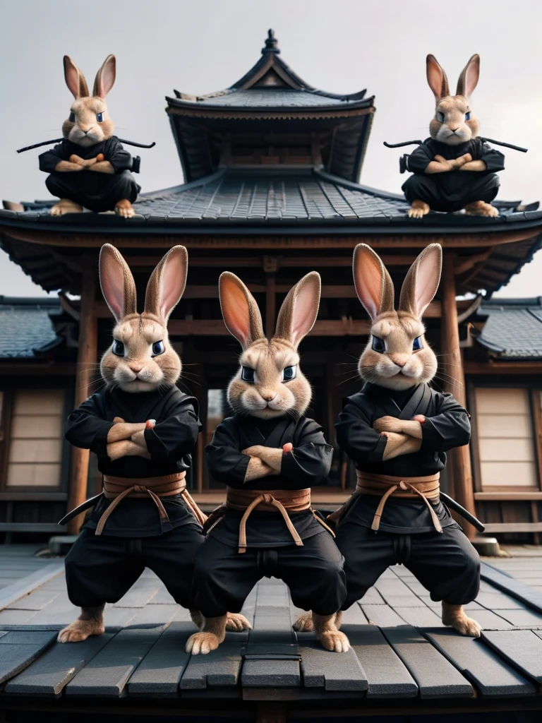 a group of ninja rabbits in black ninja outfit and a fighting poses standing on a japanese roof in a japanese village, looking dramatic at viewer <lora:ral-symetrical:1> ral-symetrical