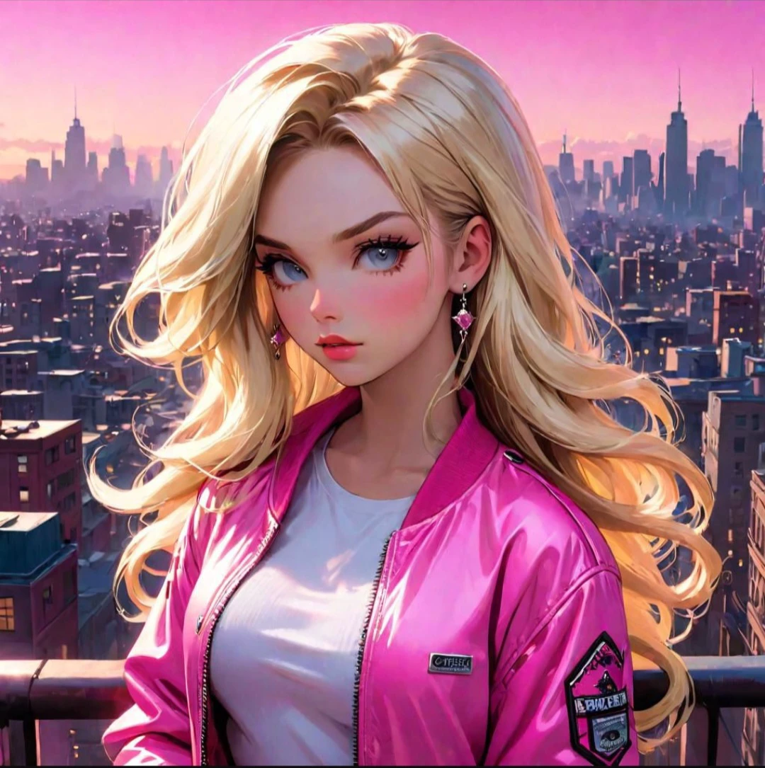 Maiden in pink jacket, hyperdetailed, inspired by pinterest art