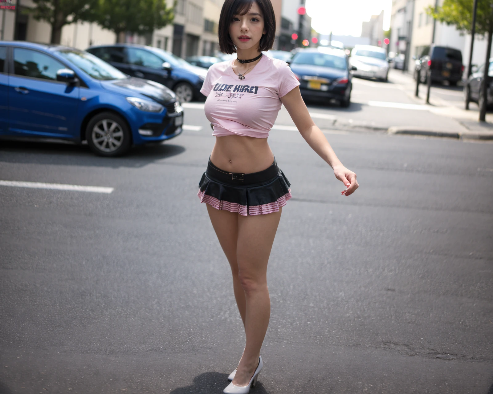 Best quality, masterpiece, ultra high res, RAW photo, (photorealistic:1.4), (bright lighting:1.2),((on street)),parted lips,(1girl),detailed background,depth of field,underboob, pink microminiskirt,standing ,underboob t-shirt, midriff, medium breasts,
(full body long shot:1.4), solo focus,bob cut,,(choker),(slender:1.3),,
(mary janes:1.2),