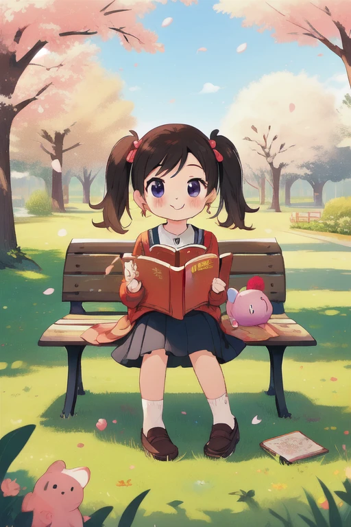 (masterpiece), (best quality), (extremely detailed), photo realistic, ((A ,small cute plush ball erringsï¼pigtailsï¼jumper skirt, A charming smile, reading picture-story book)), Parks, lawns, cherry trees, benches,