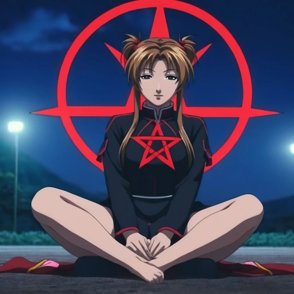 cinematic film still of  <lora:Kurumi Imari:1.5>
Kurumi Imari a full shot of a woman sitting on the ground with a red ritual pentagram sign behind Anime Manga Girl, shallow depth of field, vignette, highly detailed, high budget, bokeh, cinemascope, moody, epic, gorgeous, film grain, grainy