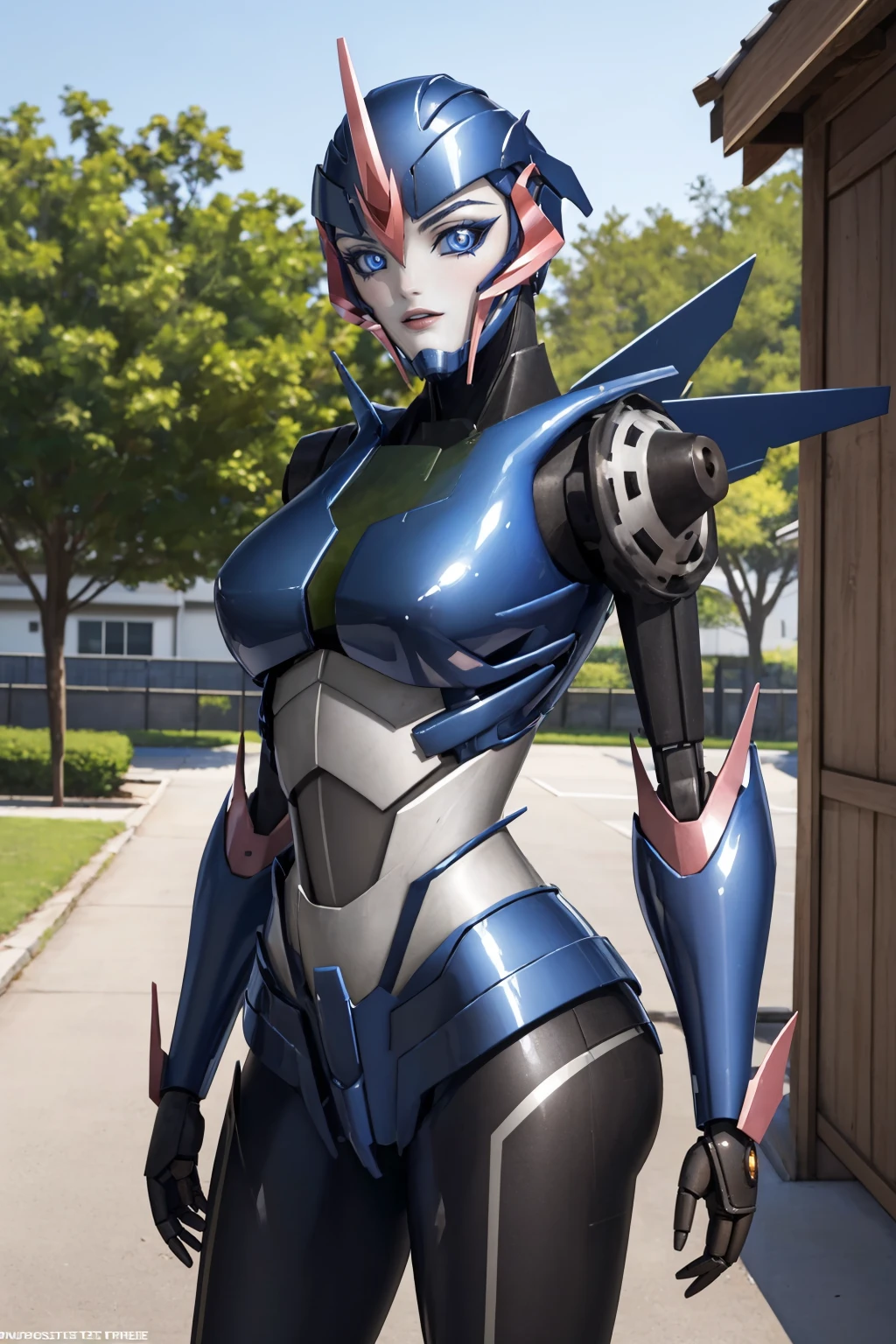 (masterpiece, best quality:1.2), 1girl, solo, looking at viewer, <lora:arceetp:1>, arceetp, robot, mecha, autobot, medium breasts, outdoors,