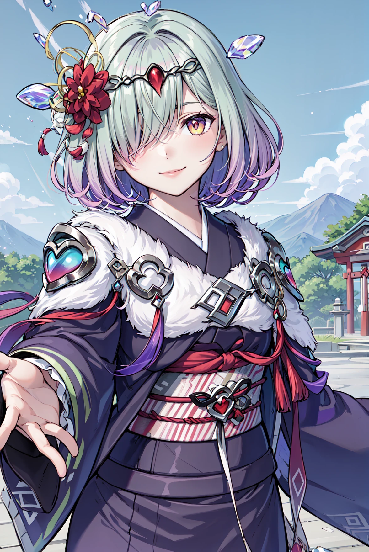 upper body,reaching, smile,<lora:kvasirV1:0.9>,new_kvasir, hair over one eye,japanese clothes, purple kimono, looking at viewer, obi, flower, gradient clothes, sash, wide sleeves, multicolored clothes,black zouri, fur trim,shrine,sun,outdoors,(masterpiece, best quality, ultra-detailed, best shadow)