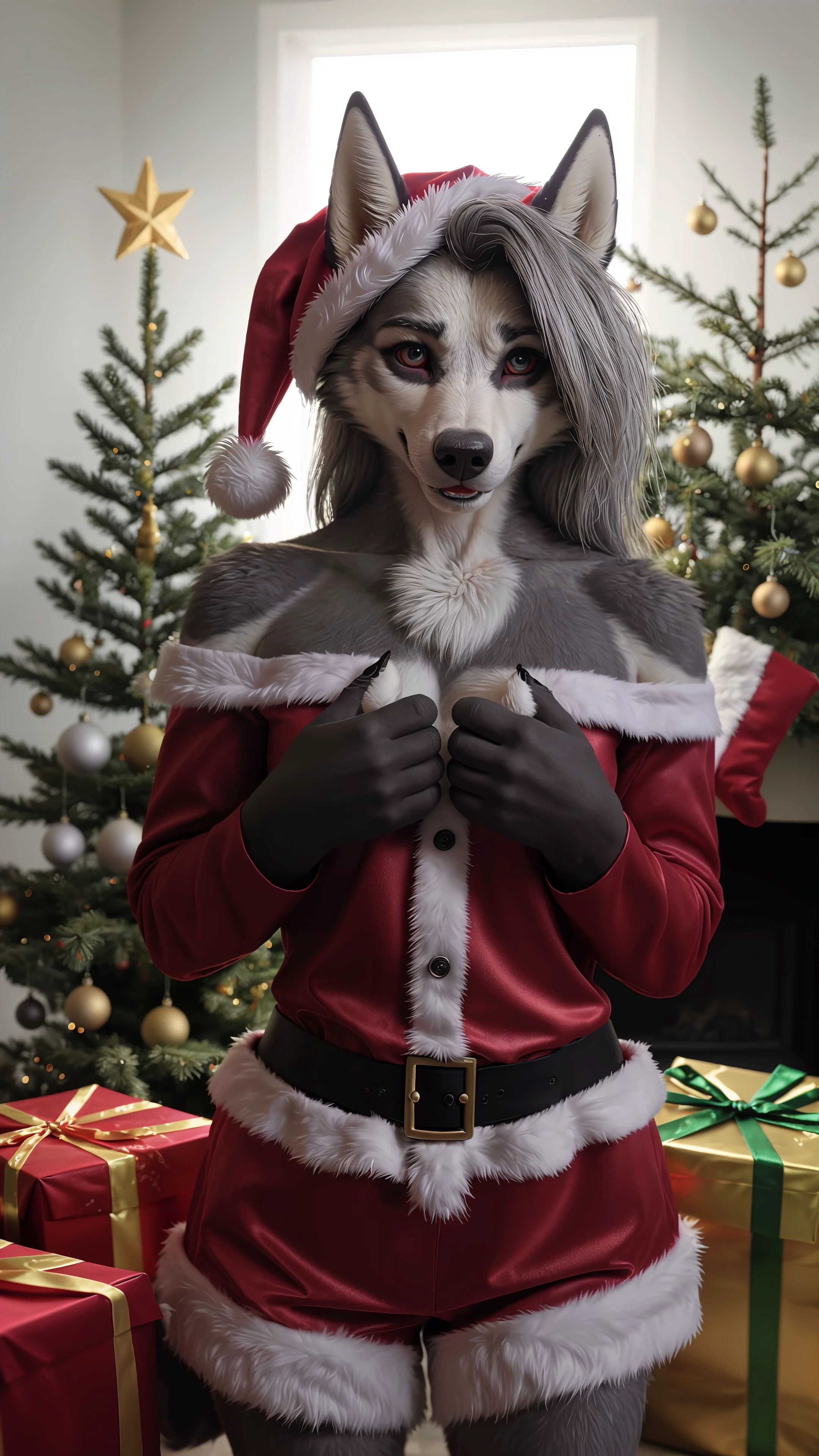 front view, Christmas, tree, presents, (santa costume:1.2), (furry, anthro, loona, hellhound), smiling, 
<lora:loonaHelluvaBossLora_loonaLoraV3Latest:0.8>, 
BREAK
detailed fur, realistic fur, neat limbs, glistering fur, detailed fingers, detailed snout, detailed eyes, 
masterpiece, detailed lighting, detailed shadows, realistic lighting, realistic shadows, warm soft light, subsurface scattering, light rays