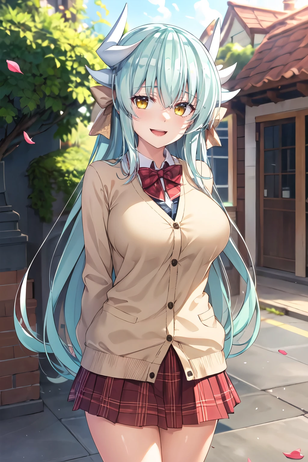 masterpiece, best quality, highres, aakiyo, long hair, aqua hair, white horns, hair bow, yellow bow, yellow eyes, <lora:kiyohime_(lancer)_v1:0.7>, cardigan, plaid skirt, arms behind back, smile, open mouth, petals, outdoors, big breasts<lora:Hinata-nao_912704:1>