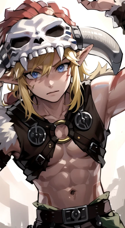 (masterpiece), (best quality),
detailed face, 1boy, solo,
barbarianlink, mask_on_head, helmet, male_focus, looking_at_viewer , blond_hair, <lora:LinkBarb:0.7>
