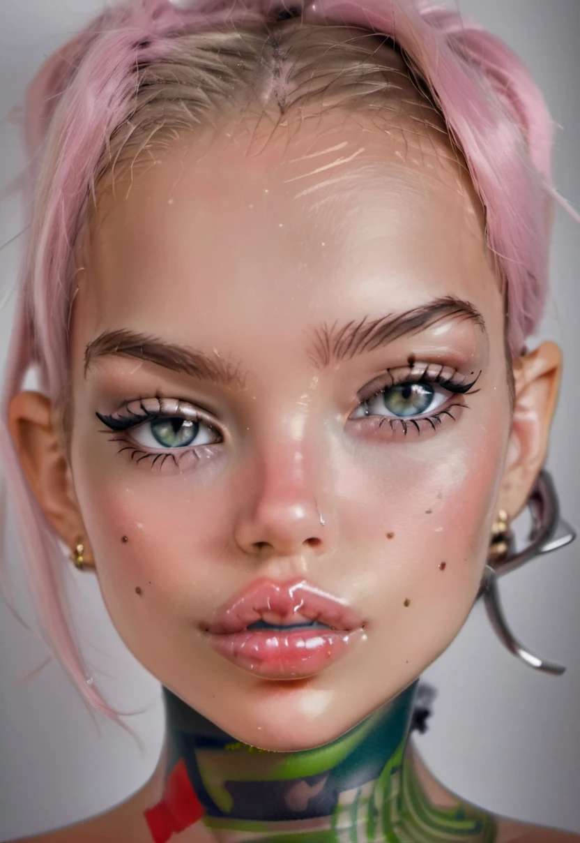 <lora:lush_lora_xl:1> loganpolish ((puffy lips)), ((pronounced cheek bones)), red cheeks, tattoos, 3d, cgi, ((freckles)), blush, make up, toy, doll, robot, android woman, dark, high contrast, oily face with glare, thick hairy eye brows, double lush, strong colors, sexy, large blue and green eyes, neck band, messy, drawn by hand, drawn with a spray can
Negative prompt<lora:loganpolish_sdxl:1>