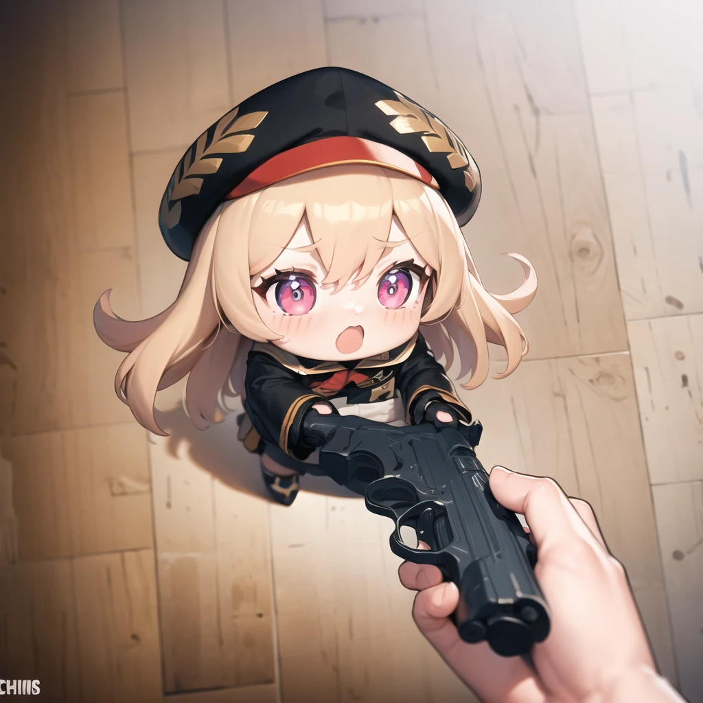 anzhcgodoacrime, from above, chibi, pov, holding gun <lora:AnzhcGoDoACrime2_118390:1>