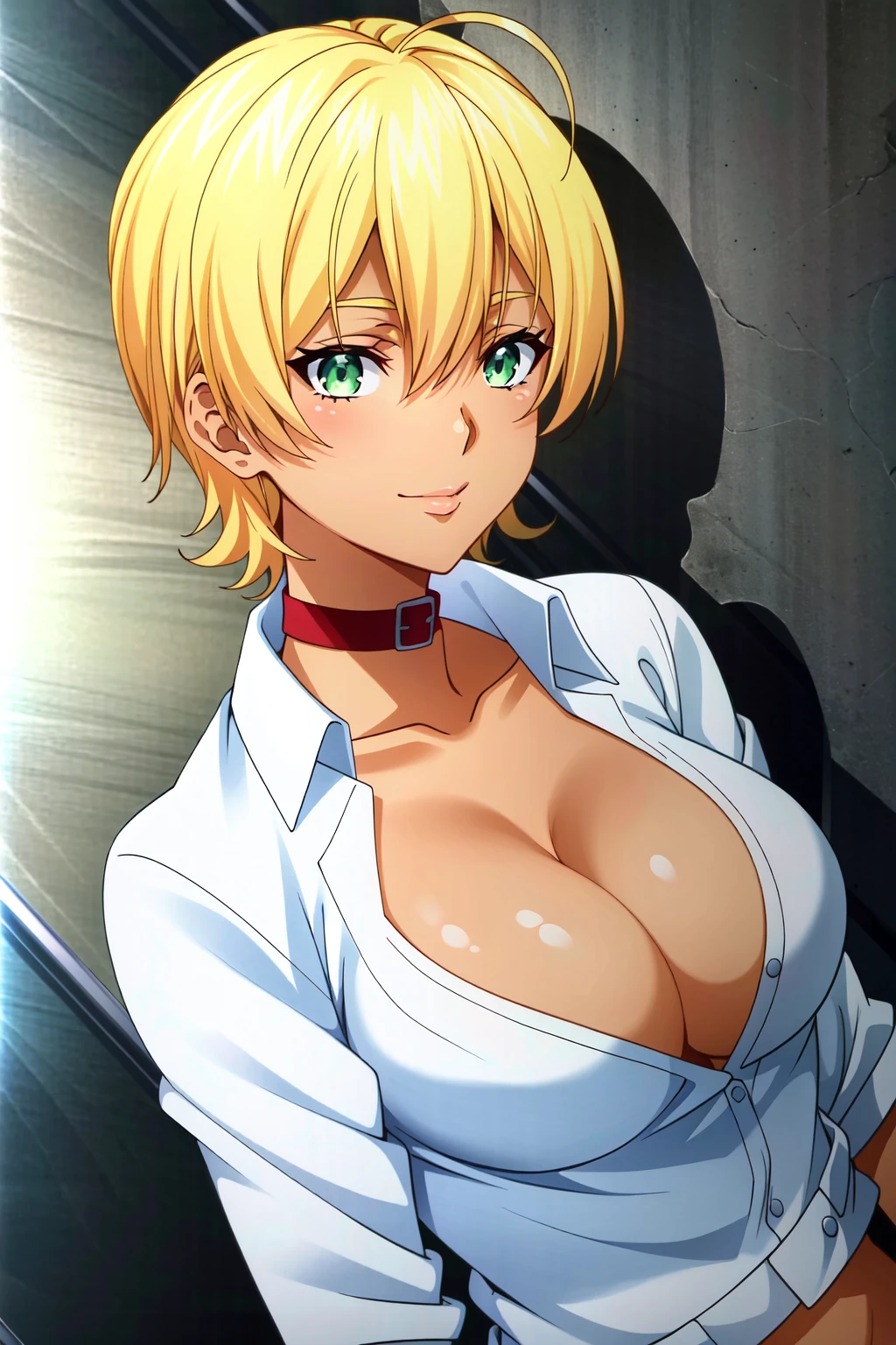 (extremely detailed CG unity 4k wallpaper),(anime coloring),(masterpiece),(best quality),(ultra-detailed),(best illustration),(best shadow),(absurdres),(detailed background), <lora:OGT_Ikumi_Mito-v1:0.7> Ikumi Mito, 1girl, solo, blonde hair, green eyes, short hair, dark skin, dark-skinned female, collar, shirt, cleavage, breasts, smile