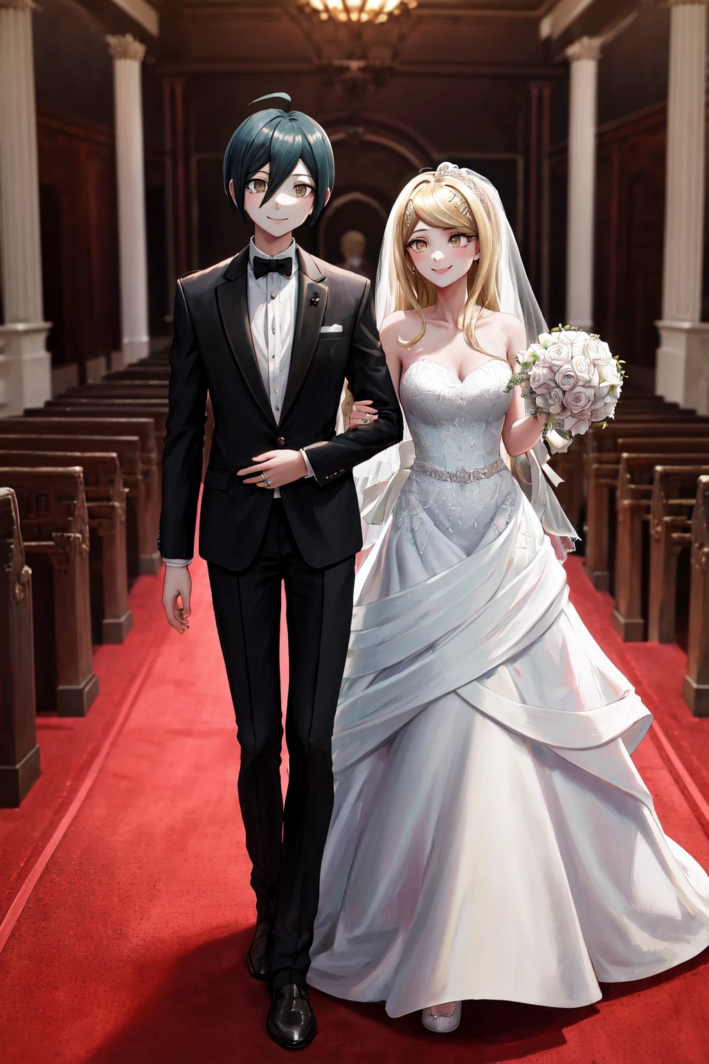 masterpiece, best quality, highres, 1girl kaede, 1boy shuichi <lora:shuichi_kaede:1> formal, black suit, (white shirt:1.1), dress, wedding dress, smile