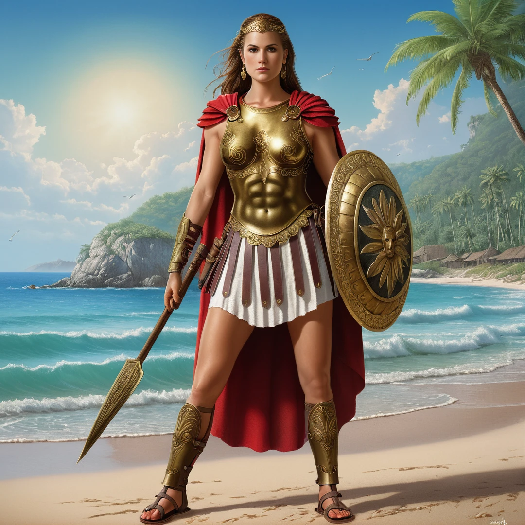 detailed painting of a female spartan warrior, spartan champion, old iron armor cuirass, leather skirt, holding a shortsword, round shield, crimson cloak, beautiful slavic womans face, full body portrait, full height photograph, cinematic lighting, spectacular composition, highly detailed, masterpiece, 4K artstation, tropical beach background, full shot, bronze greaves, sandals, (art by Jeff Easley:1.2), <lora:Spartan_Armor_XL:0.8>