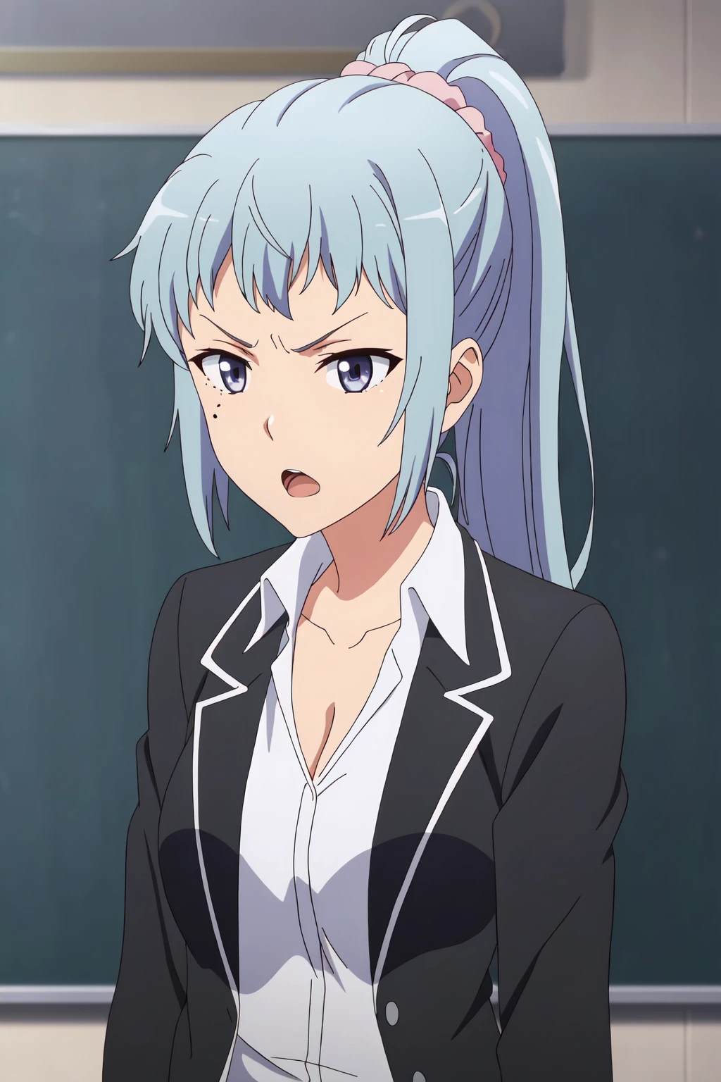 ((best quality)),((highly detailed)),masterpiece,absurdres,detailed face,beautiful face,(detailed eyes, deep eyes),(1girl),((dynamic pose)), 1girl, solo, <lora:SakiV1.4:0.6>,saki, 1girl, ponytail, long hair, cleavage, breasts, open mouth, purple eyes, grey eyes,jacket, solo, blue hair, sobu high school uniform, medium breasts, mole, scrunchie, mole under eye, school uniform, blazer, chalkboard, teacher, shirt, collarbone, black jacket, solo focus, upper body, classroom, white shirt, grey eyes, open clothes, v-shaped eyebrows