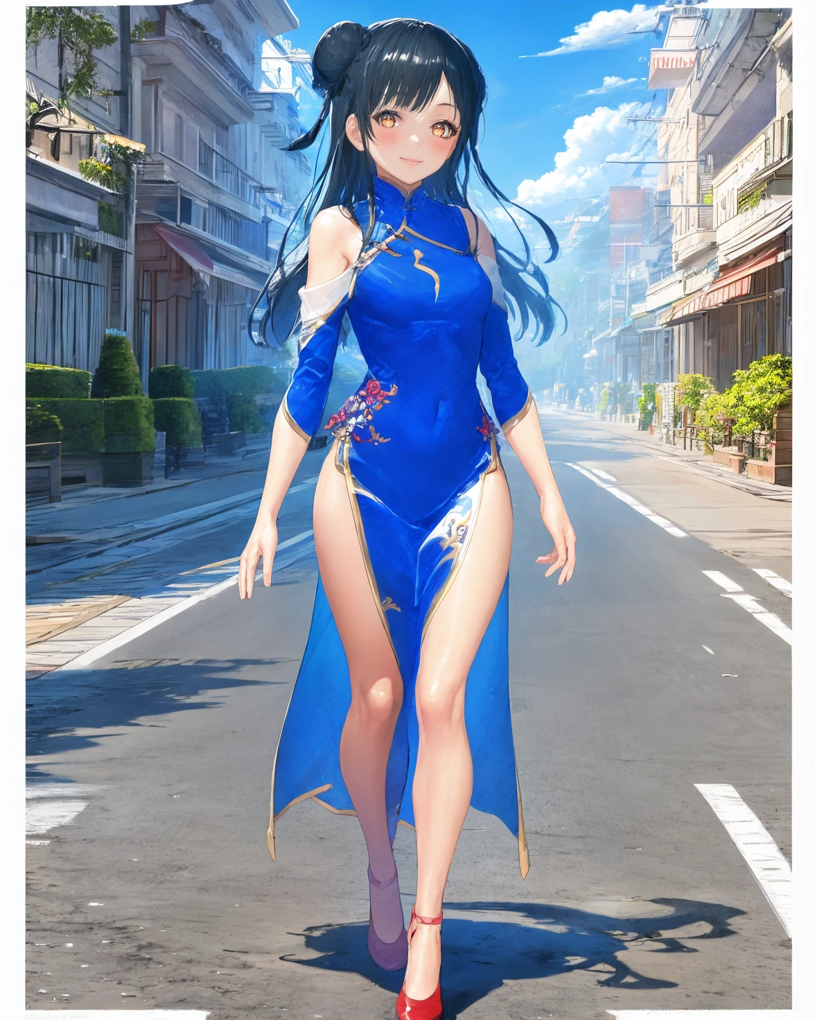 best quality, (masterpiece:1.2), illustration, absurdres, <lora:deluster2:-1>,  <lora:hairdetailer:0.5>,  <lora:boldline:-1>, <lora:flat2:0.7>,  particles, sparkles,
(1girl, solo, beautiful detailed girl), full body,
<lora:Ashen:1>, Ashen Lu, orange eyes, black hair, long hair, braided buns, small breasts,
chinese clothes, qipao, blue dress, red shoes,
looking at viewer, hand on own chest, covering, smile, blush
on a tropical island, palm trees, sand, beach,
