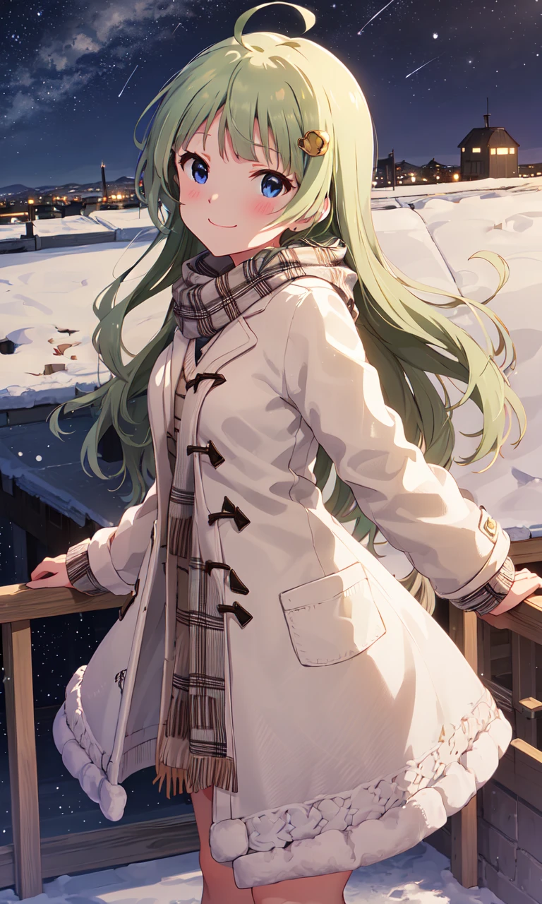 elena shimabara (million live), long hair, (best quality, 8K, masterpiece, ultra detailed:1.2)
light particles, wide shot, full body, standing, night, starry sky, constellation,
1girl, solo, smile, blush, dynamic pose, from above, close-up, winter, snowflakes, winter coat, open clothes, ribbed sweater, plaid scarf
