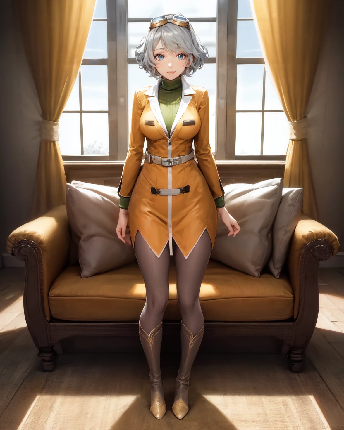 best quality, (masterpiece:1.2), illustration, absurdres,
(1girl, solo, beautiful detailed girl), full body,
<lora:GraceV2:1>, Grace Lynn, grey hair, short hair, blue eyes, medium breasts,
goggles, goggles on head, yellow coat, green sweater, white pantyhose, brown boots,
looking at viewer, happy,
inside living room, window, curtain, table, sofa,