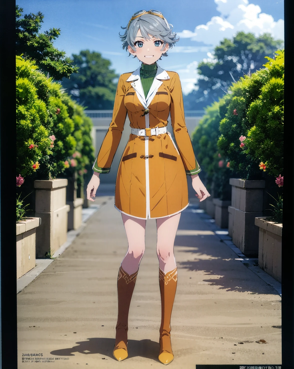 (best quality, masterpiece:1.2), illustration, absurdres, <lora:animemix_16:0.7>, <lora:clearcolor_v1.7_lbw:0.4>, <lora:boldline:-1>
(1girl, solo, beautiful detailed girl), full body,
<lora:GraceV2:0.9>, Grace Lynn, grey hair, short hair, blue eyes, medium breasts,
goggles, goggles on head, yellow coat, green sweater, white pantyhose, brown boots,
looking at viewer, happy, smug, smile,
in a garden, flowers, bush, plants, trees, sky, clouds, day,