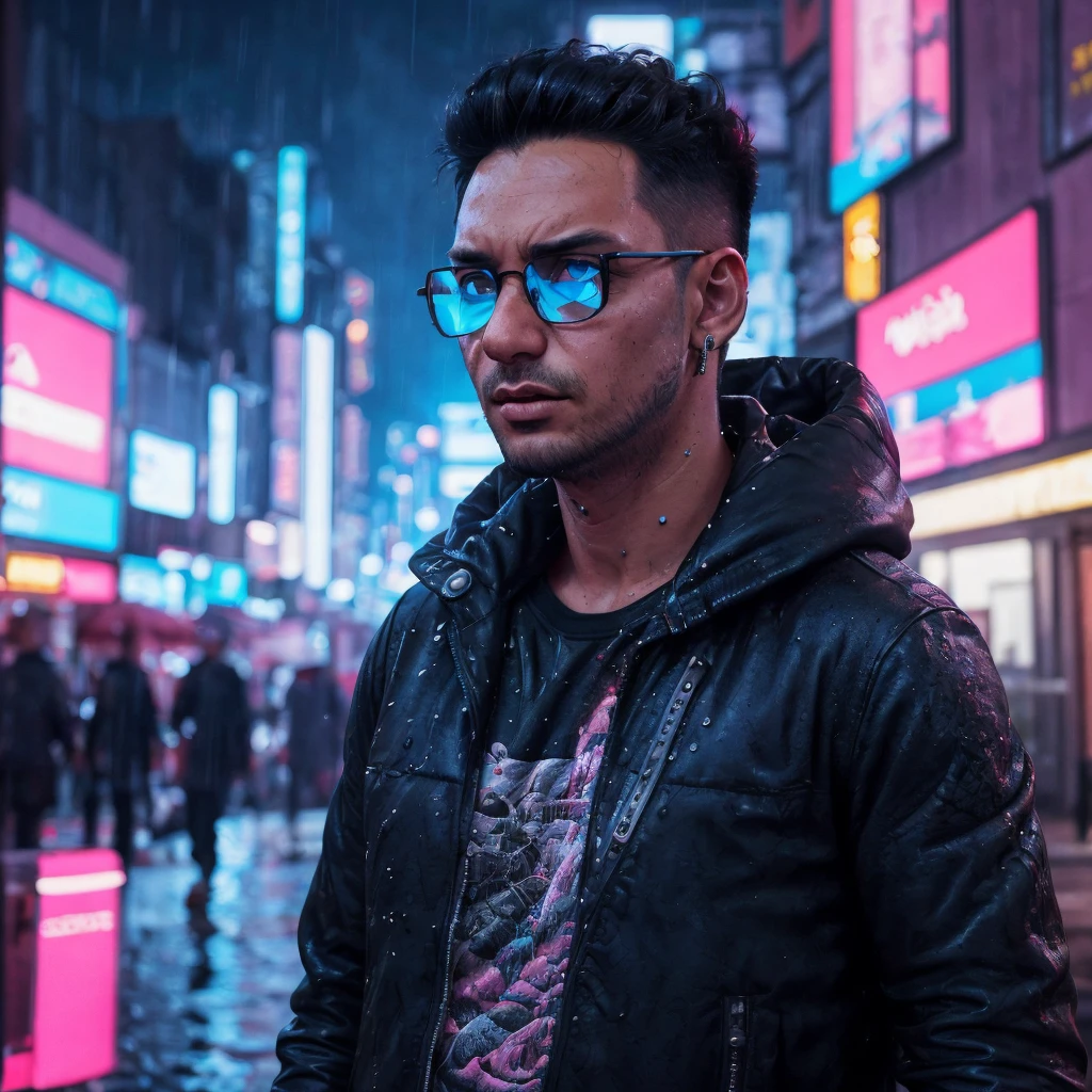 Zizan, a man, cyberpunk city hacker :: neon graffiti, augmented reality black frame glasses, hooded cloak :: rainy night :: Epic cinematic brilliant stunning intricate detailed matte painting, deep color, fantastical, intricate detail, splash screen, complementary colors, fantasy concept art, 8k resolution trending on Artstation, Unreal Engine 5