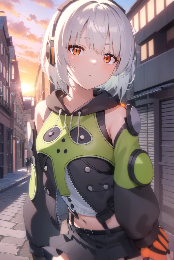 anbydemara, <lora:anby demara-lora-nochekaiser:1>,
anby demara, (orange eyes:1.5), short hair, white hair,
BREAK bare shoulders, black gloves, black skirt, black thighhighs, fingerless gloves, gloves, green jacket, headphones, jacket, navel, skirt, stomach, thighhighs,
BREAK outdoors, city, sky, clouds, sun, buildings, crowd, people, alley,
BREAK looking at viewer, (cowboy shot:1.5),
BREAK <lyco:GoodHands-beta2:1>, (masterpiece:1.2), best quality, high resolution, unity 8k wallpaper, (illustration:0.8), (beautiful detailed eyes:1.6), extremely detailed face, perfect lighting, extremely detailed CG, (perfect hands, perfect anatomy),