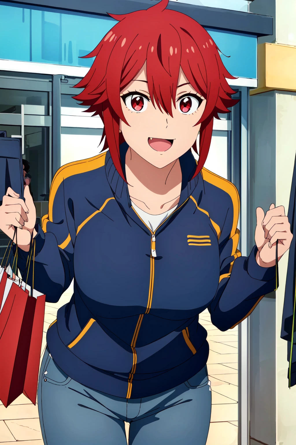 ((best quality)),((highly detailed)),masterpiece,absurdres,detailed face,beautiful face,(detailed eyes, deep eyes),1girl,((dynamic pose)), <lora:TomoV1:0.6>, Tomo, red hair, red eyes, fang, short hair, hair between eyes, bangs, breasts, large breasts, mall outing,track jacket, ripped jeans, cheerful expression, vibrant mall environment, shopping bags, exploring shops, lively ambiance, stylish attire, trying on outfits, upbeat music, bustling crowd, captivating displays, joyful demeanor, detailed face, enjoyable shopping spree,