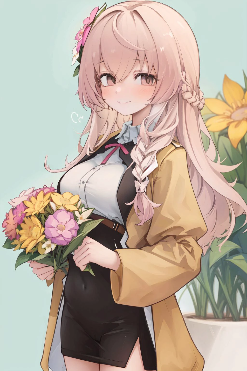 cowboy shot, solo, 1girl, smile, pink hair, side braid, light brown eyes, beige cropped jacket \(bolero\), Boxwood_African \(flower\), floral background <lora:mikozin_style_v01:1>