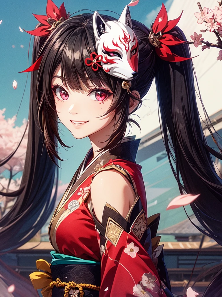 sparkle, hanabi, kitsune mask, red eyes, black twintails, close shot, looking at viewer, smirk, japanese background, sakura petals