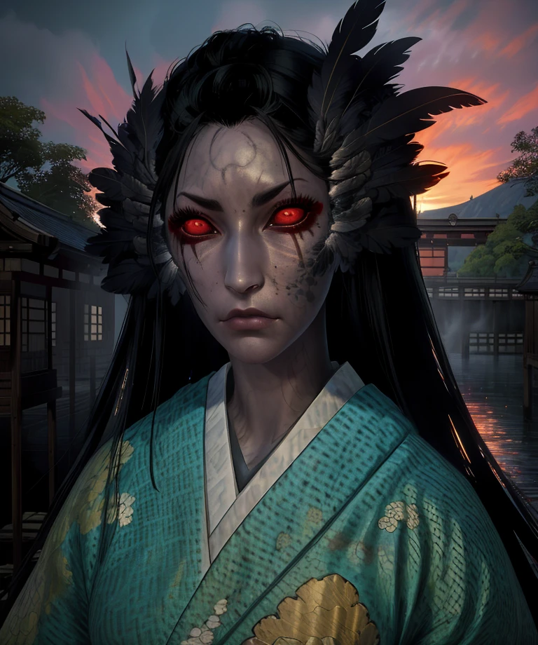 ubume,red eyes,black hair,face feather,
green kimono,dirty, serious,
standing,upper body,
edo japan,underworld,red sky,
(insanely detailed, beautiful detailed face,beautiful detailed eyes, masterpiece, best quality),<lora:ubume:0.8>,