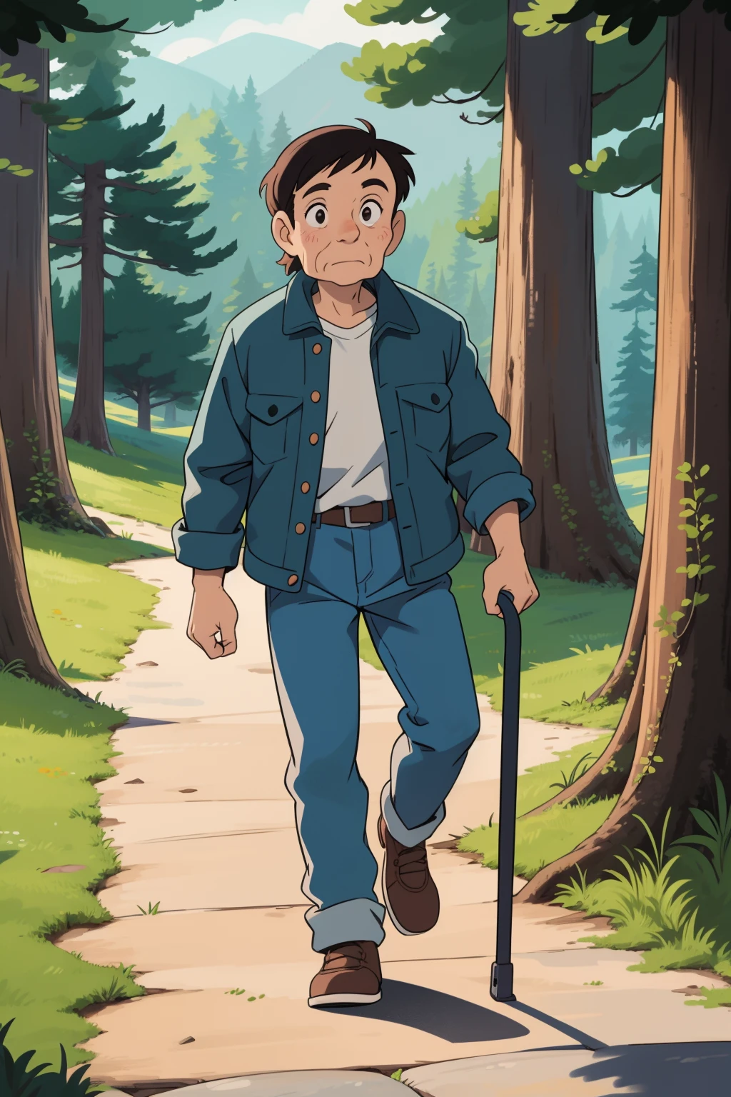 old man, short hair, denim jacket, (masterpiece, best quality:1.6), , winter, Acadia National Park, walking, united states,