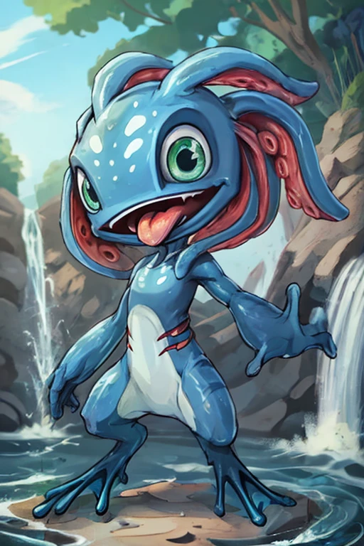 (((masterpiece, best quality))), anime, flat colors, drawing, 8k, stunningly beautiful, highly detailed, depth of field, complex background, BREAK fizz_lol, (amphibian:0.5), solo, full body, tentacle_hair, open mouth, tongue out, gills, (webbed feet:1.2), BREAK smooth skin, standing, river, waterfall <lora:Fizzv5:0.8> <lora:animeoutlineV4_16:0.7>