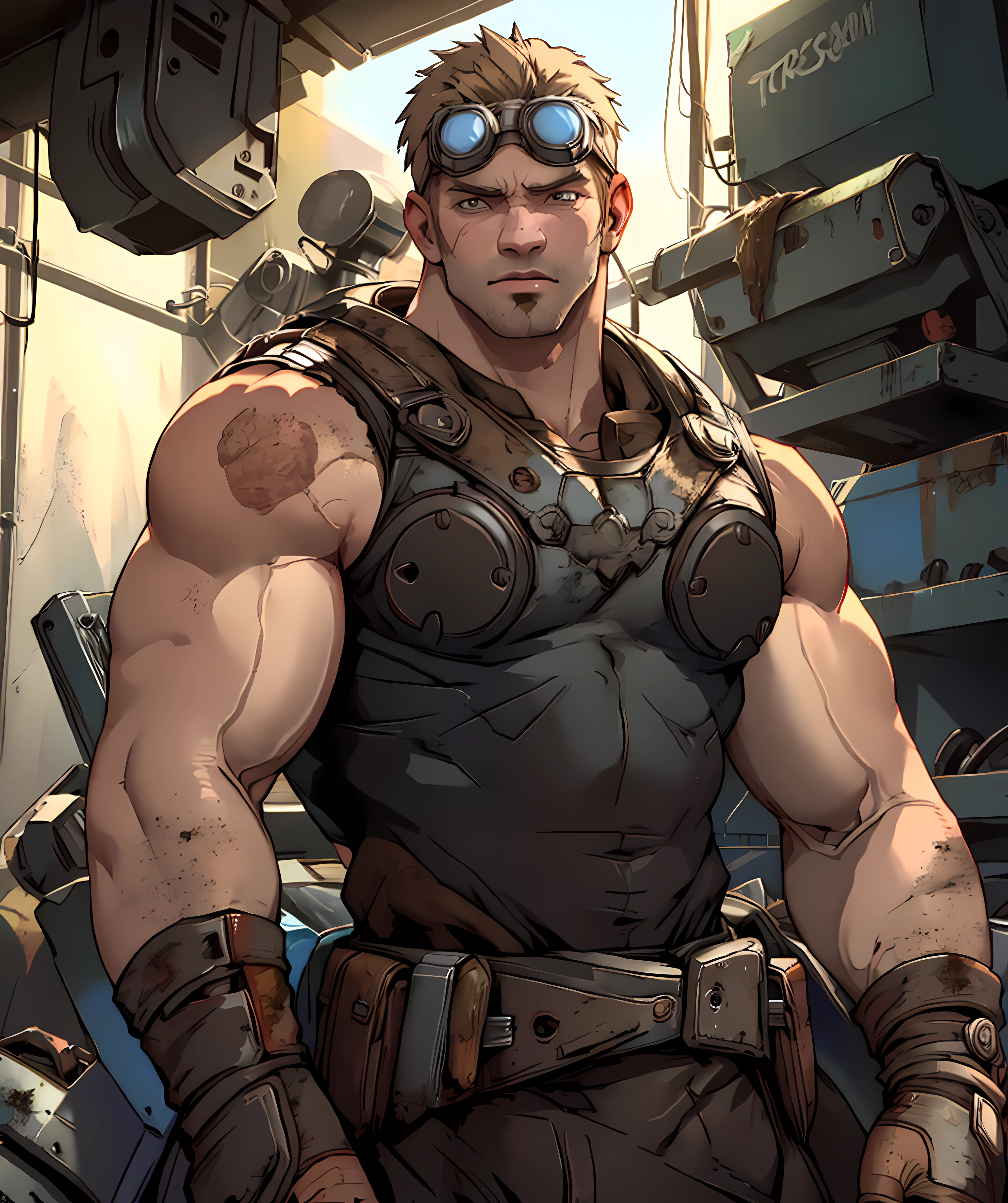 damon_baird, (dirty tanktop:1.35, dirt:1.1), muscular, (mechanic, garage):1.1, (goggles, goggles on head), thin beard, gears of war setting <lora:Damon_Baird:0.7>