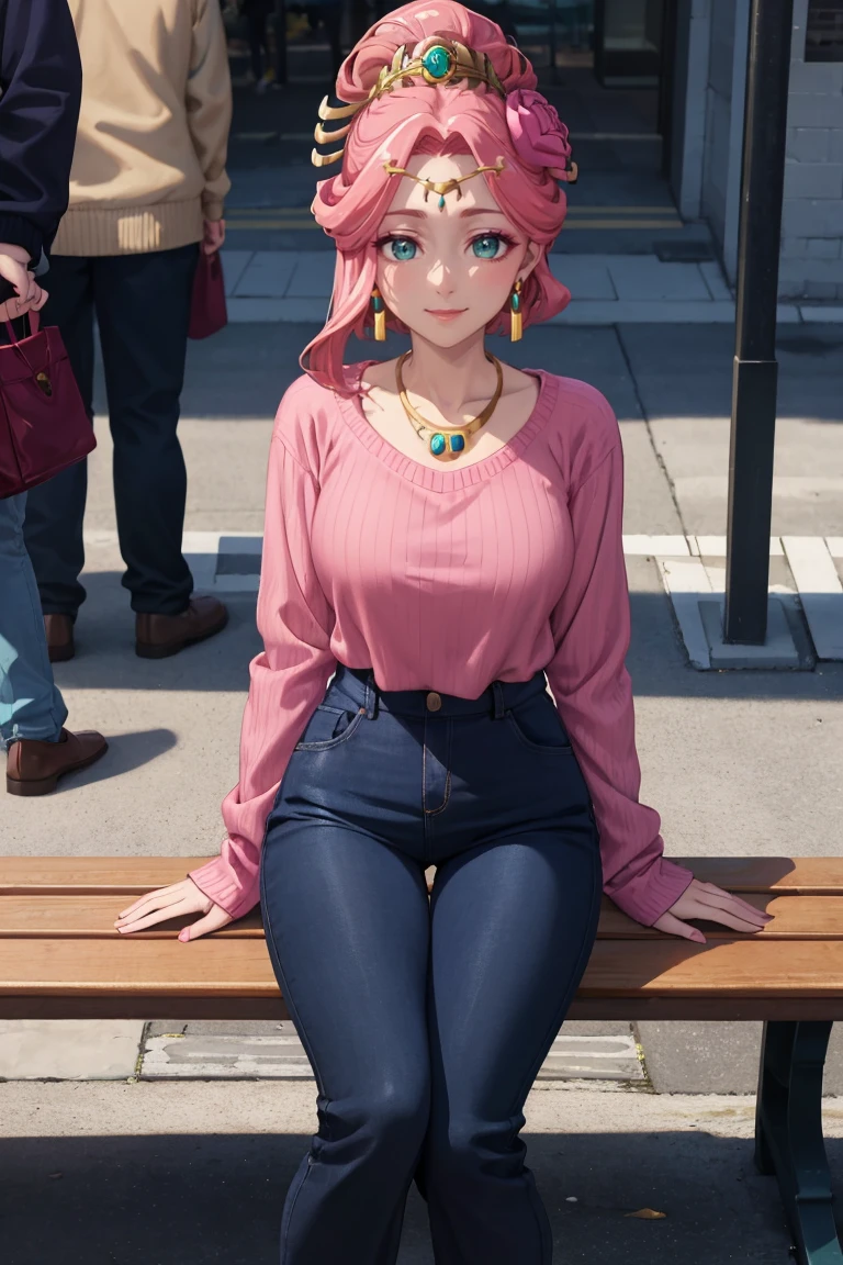 masterpiece, best quality, absurdres, Gyokuyou, aqua eyes, earrings, hair ornament, hair flower, necklace, makeup, sweater, ribbed sweater, long sleeves, high-waist pants, outdoors, city, sitting, bench, smile, <lora:CHAR-Gyokuyou:0.8>