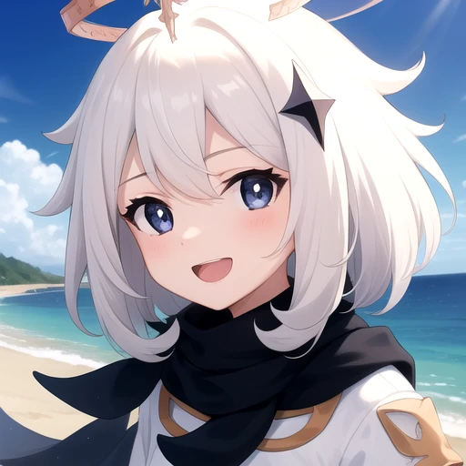((masterpiece)),(best quality),official art,extremely detailed CG,unity 8k wallpaper,ultra detailed,A lighthouse on a cliff by the sea,1girl,solo,upper body,(portrait:1.2),looking at viewer,halo,petite,white_hair,open_mouth,blue_eyes,smile,black scarf,scarf,cape,white_dress,short_hair,white_footwear,long_sleeves,white_thighhighs,boots,hair_ornament,<lora:Paimon(gen)>,