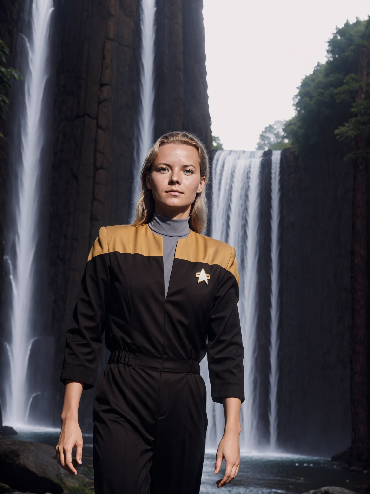 young finnish woman in voyunf gold and black uniform,black pants,black sleeves, near waterfall,RAW Photo, 8k uhd, dslr, soft lighting, high quality, film grain, higly detailed face,ultra detailed,masterpiece quality,Fujifilm XT3<lora:Voy6batchDebiasGold:0.8>