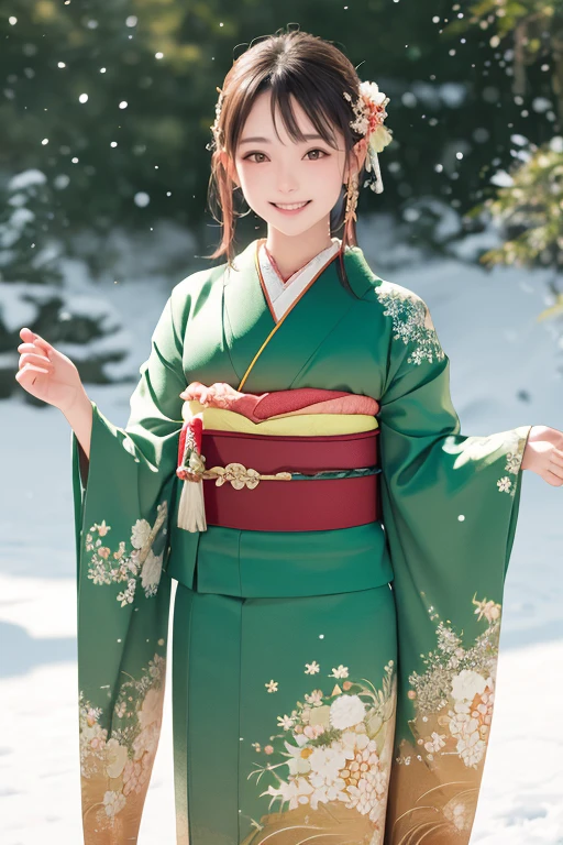highres, ultra detailed, (best quality:1.2), very high resolution, refraction, full color, 1girl,smile,
<lora:furisode-000016:1>green furisode, winter background, torii