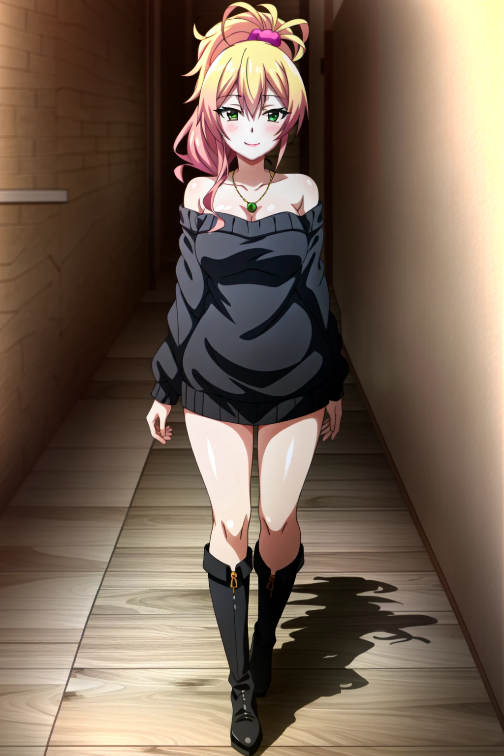 (extremely detailed CG unity 4k wallpaper),(anime coloring),(masterpiece),(best quality),(ultra-detailed),(best illustration),(best shadow),(absurdres),(detailed background), <lora:OGT_Yukana_Yame-v3:0.7> Yukana Yame, 1girl, solo, green eyes, sweater, boots, blonde hair, jougasaki mika, high heel boots, polka dot, full body, knee boots, off-shoulder sweater, off shoulder, high heels, black footwear, ponytail, standing, looking at viewer, pink hair, smile, long hair, bare shoulders, breasts, blush, medium breasts, jewelry, sweater dress, collarbone, hair between eyes, necklace, scrunchie, hair ornament