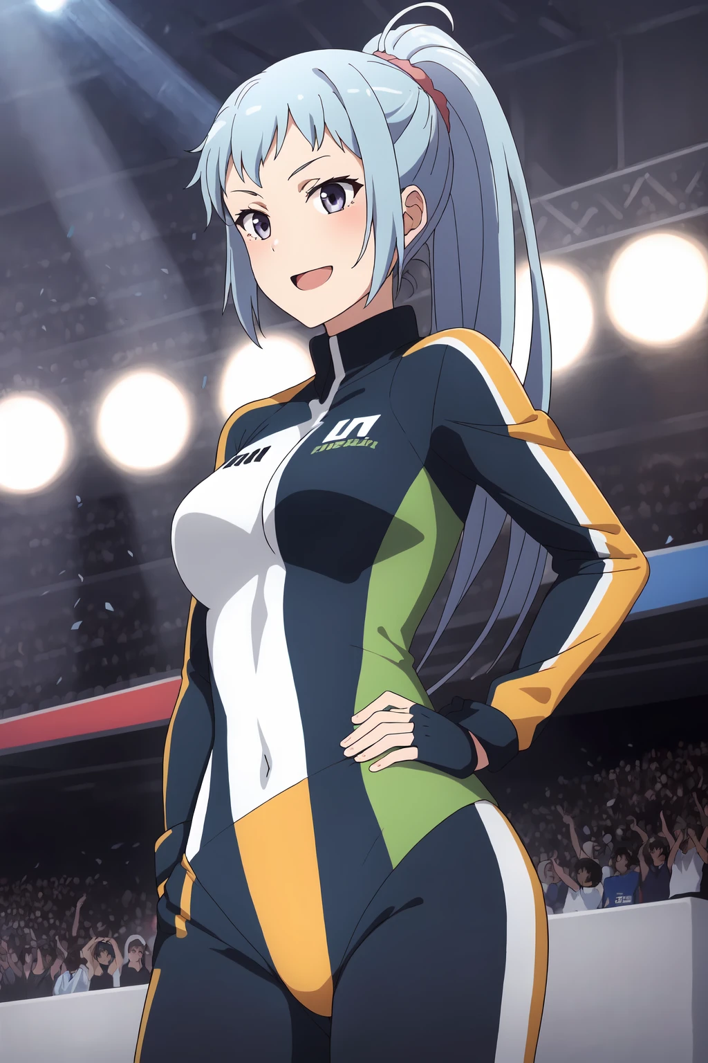 ((best quality)),((highly detailed)),masterpiece,absurdres,detailed face,beautiful face,(detailed eyes, deep eyes),(1girl),((dynamic pose)), 1girl, solo, <lora:SakiV1.4:0.6>,saki, ponytail, long hair, blue hair, purple eyes, grey eyes, medium breast,cowboy shotracing podium, victorious stance, raised trophy, confetti-filled air, cheering crowd, euphoric celebration, racing suit (red), adrenaline-fueled triumph, sparkling champagne, beaming smile, triumphant expression, detailed face, exhilarating atmosphere,