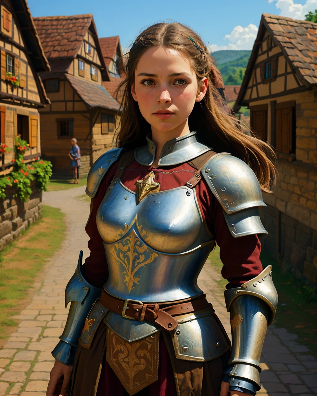 best quality,masterpiece,highly detailed,ultra-detailed, <lora:neg4all_bdsqlsz_V3.5:-1>,1girl, (Jousting armor),An armor made of heavily reinforced plate armor for jousting
(medieval Germany village market), <lora:de-anime-er_v10:-0.2>
<lora:German_architecture_last:1> <lora:medieval_last:1> <lora:Flat_Design_last:1> <lora:disarrayhair_last:2> <lora:soft_last:0.75>, extremely detailed eyes, fantastic details full face, mouth, trending on artstation, pixiv, cgsociety, hyperdetailed Unreal Engine 4k 8k ultra HD,, Portrait Photography Style, expressive, emotive, intimate, by Annie Leibovitz, Richard Avedon, Steve McCurry