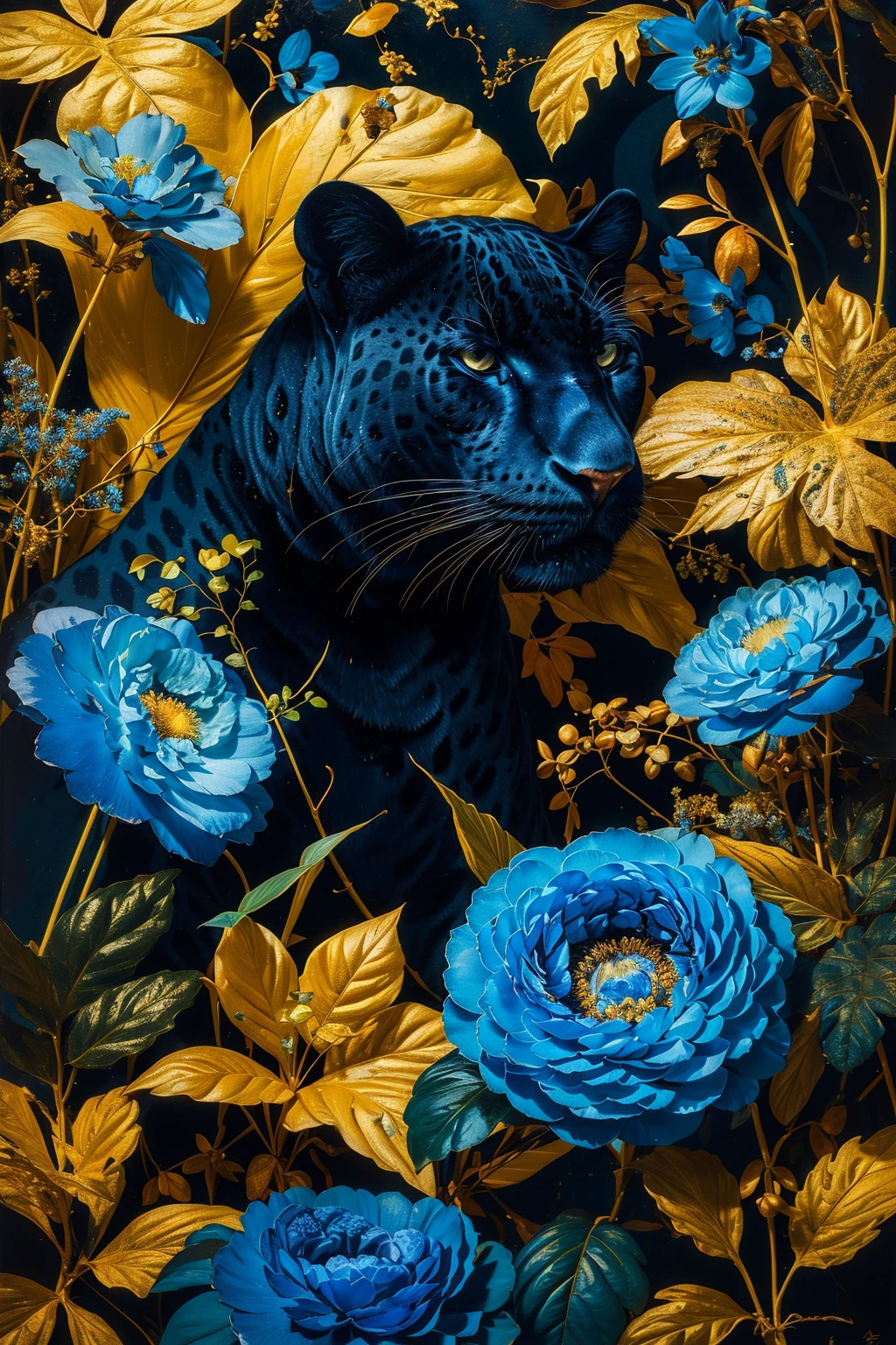 1girl,flower,plant,leaf,blue flower,upper body,<lora:麻è¢2024-002:0.7>, panther, masterpiece,best quality,ultra-detailed,