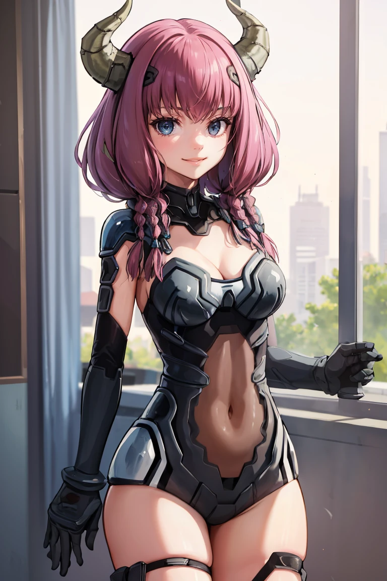 masterpiece, best quality, absurdres, 1girl, solo, AntiSpiritArmor, smile, <lora:CONCEPT-AntiSpiritArmor:1>, <lora:AuraFrieren:0.8> AuraFrieren, horns, twin braids