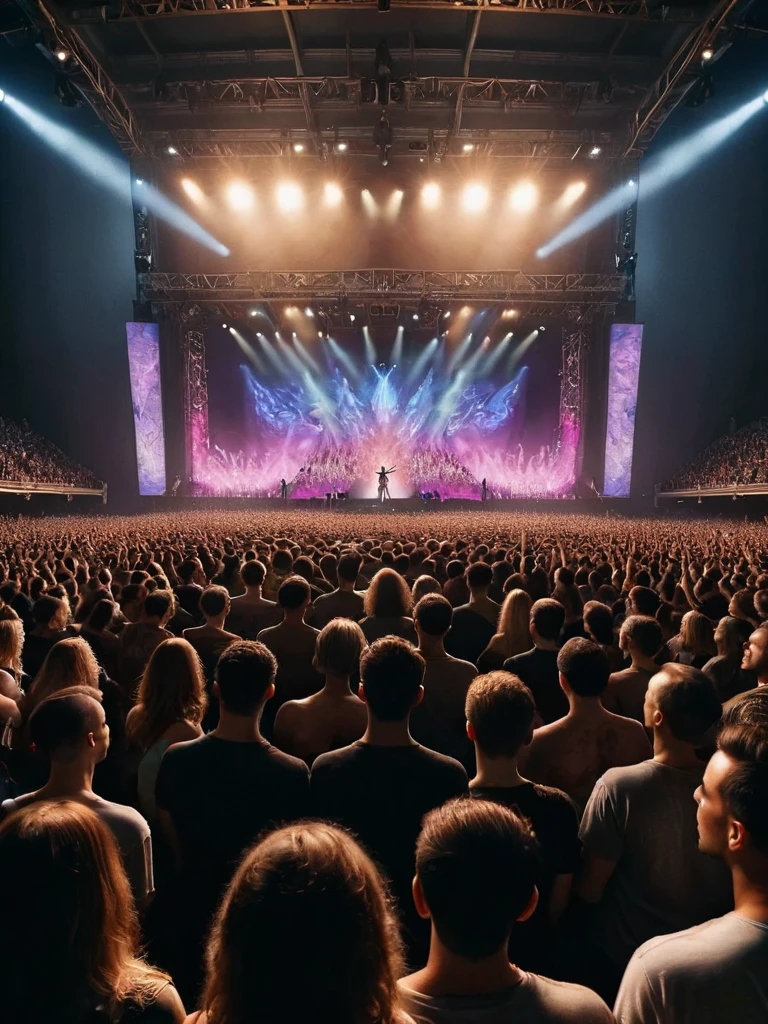 hundreds of people at a concert lookingt at the artist performing a wild show on stage <lora:ral-symetrical:1> ral-symetrical