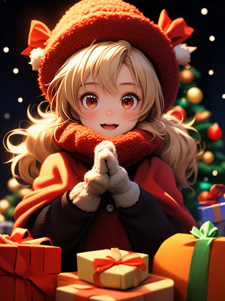 ltra-detailed,(best quality),((masterpiece)),(highres),original,extremely detailed 8K wallpaper,(an extremely delicate and beautiful),
anime,
\\,
BREAK
1girl, snowman, gift, christmas, solo, looking at viewer, hat, open mouth, smile, ahoge, mittens, gloves, food, twintails, scarf, blonde hair, candy, dress, red eyes, bow, christmas tree, ribbon, orange eyes, fur trim, :d, box, bell, red headwear, coat, long sleeves