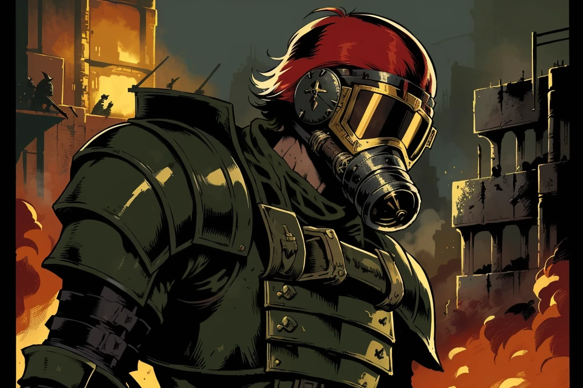 Warhammer, bold colors, (by Philippe Druillet and Juan Giménez), erotic comic illustration of a female Death Korps tank commander, (gas mask), action pose, grimdark, low fantasy, outdoors, complex background, brutalism architecture, on battlefield, 40k, war, gritty, (symbolism:0.9), oil on canvas, intricate details, [portrait], upper body, Death Korps of Krieg
