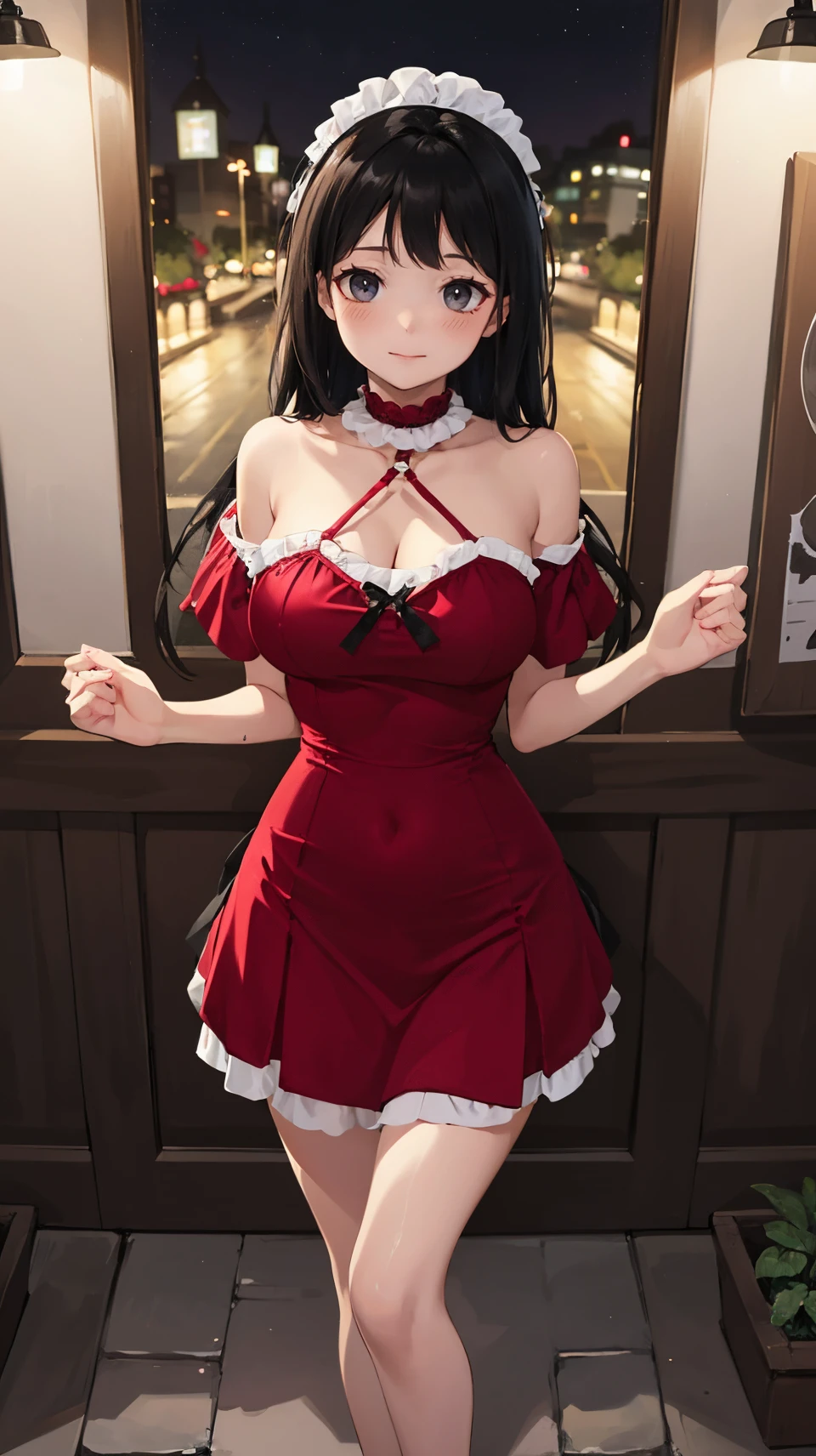 best quality,HDR,UHD,8K,Vivid Colors,solo,front mirror,photo_,(medium),cute & girly,(1girl:1.3),(standing:1.3),wet,outdoors,(evening:1.2),(looking at viewer:1.4),rc,dress,midriff,off shoulder,Elegant,Angelic,detailed gorgeous face,<lora:rc46:0.75>, rc,