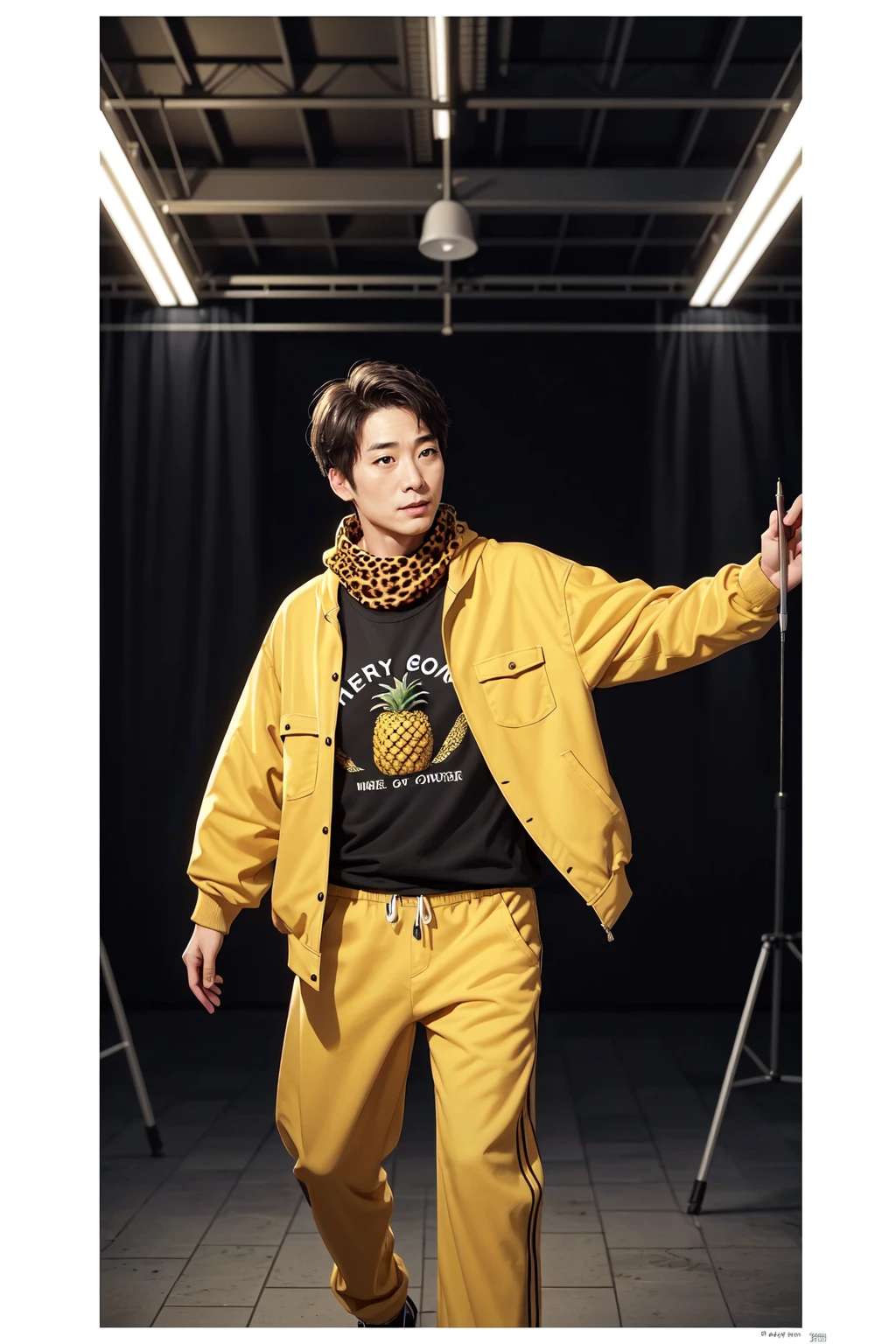 I have a pen! BREAK I have an apple! BREAK I have Pineapple! BREAK SEE?! BREAK Put them together! BREAK Pen Pineapple Apple Pen!!! BREAK , Dancing, a japanese man in his 50s in a yellow jump suit, wearing a yellow shirt with a leopard print scarf dancing, elderly, mature male, indoors, studio, white background, studio lighting, BREAK PPAP! PPAP! DuskMovie