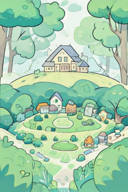 An illustration of a sustainable future village, with green forests and meadows. There is no garbage. The illustration is of a modern and minimalist style, with very vibrant and saturated colors,<lora:å¿ç«¥ç»æ¬æç»V1.0:0.9>,, masterpiece, best quality,