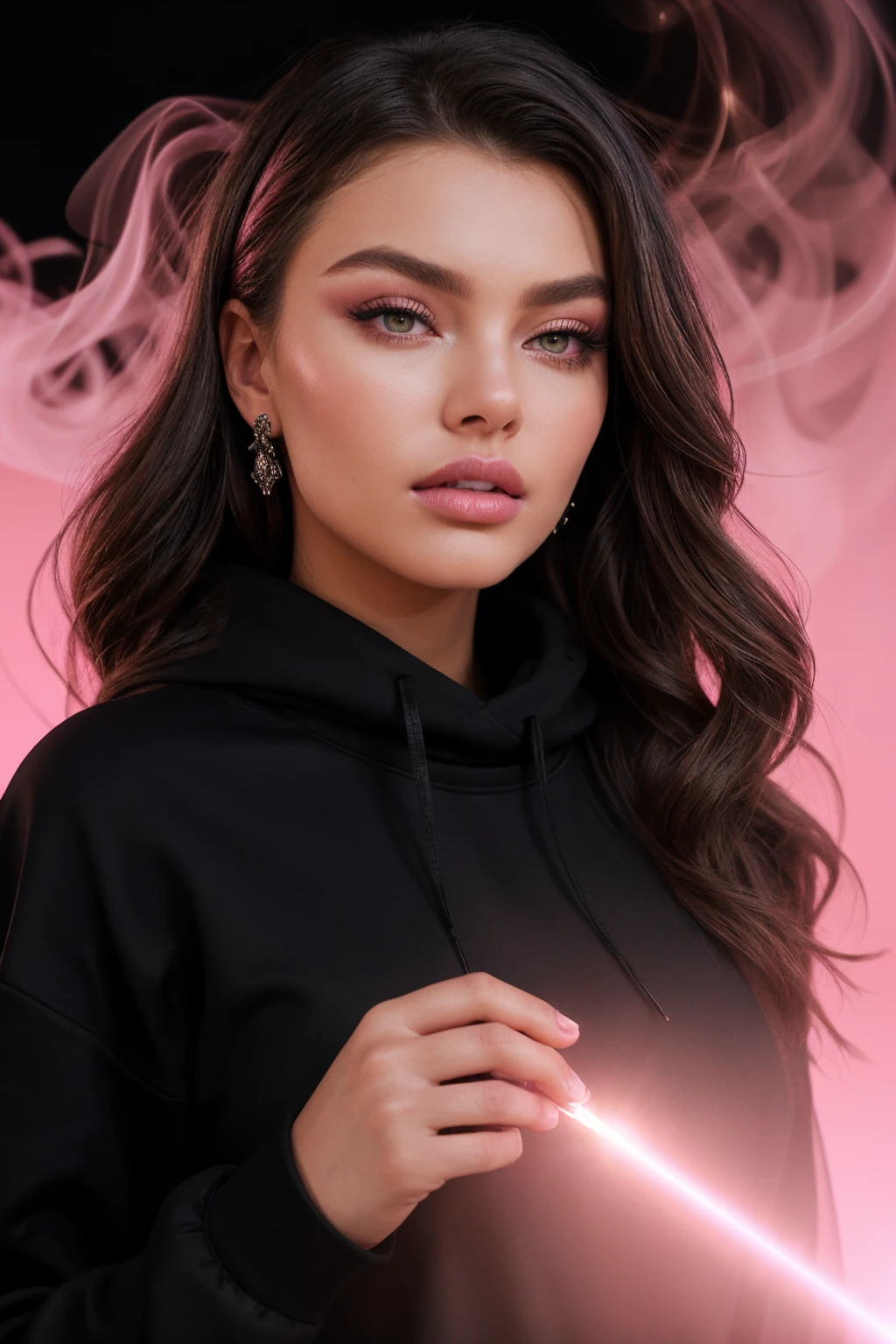 DV_Medusa_Vicious ((Black Theme, Black backdrop:1.4)) (Close-Up Shot, headshot:1.4) wearing (Black sweatshirt :1.4) 35mm, F/2.8 ((Photo Focus, DOF, Aperture, insanely detailed and intricate, character, hypermaximalist, elegant, ornate, beautiful, exotic, revealing, appealing, attractive, amative, hyper realistic, super detailed, heresy flares)) (volumetric pink smoke:1.3) (pink lens flare:1.2)(sharpness:1.3)(details:1.3)