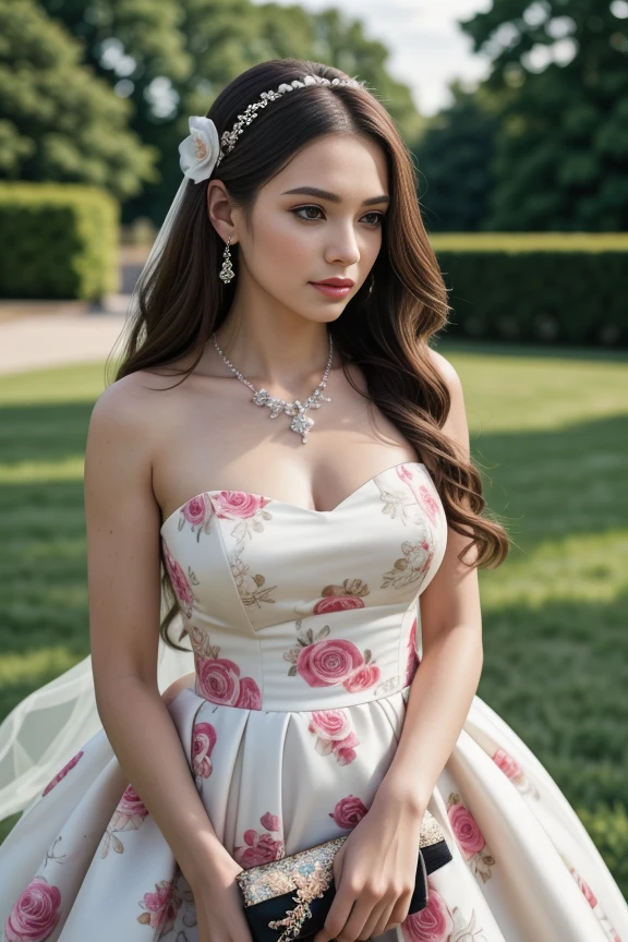 1woman, long hair, realistic, masterpiece, high detailed skin, looking at viewer, outdoor view, solo, full body shot
<lora:Floral_Wedding_Dress_By_Stable_Yogi:0.5> floral print, short wedding dress, hairband, bow, necklace, jewellery, makeup, purse