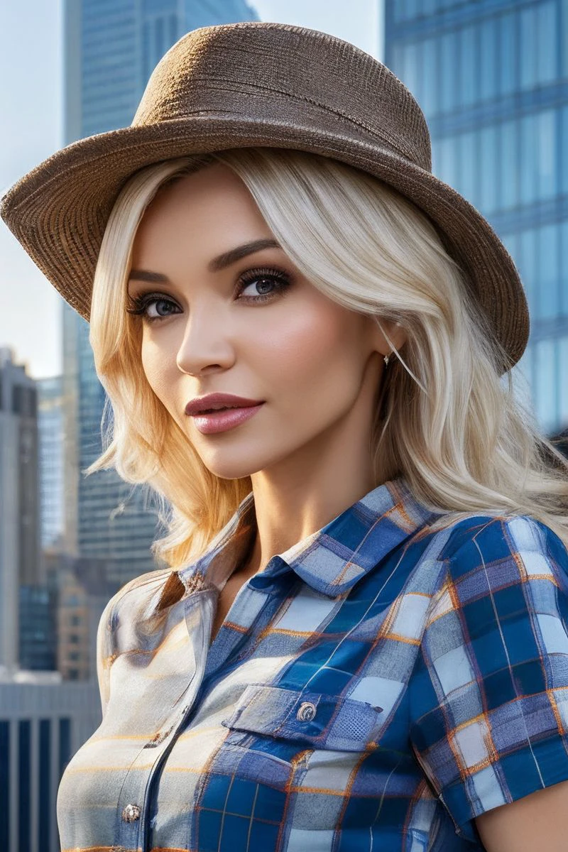 headshot of S279_SanaLantana,a gorgeous woman,in a (city:1.1),wearing a (plaid-shirtdress:1.1),(hat),(cityscape),(4k, RAW photo, best quality, depth of field, ultra high res:1.1),(absurdres, intricate, photorealistic, masterpiece, ultra-detailed:1.1),