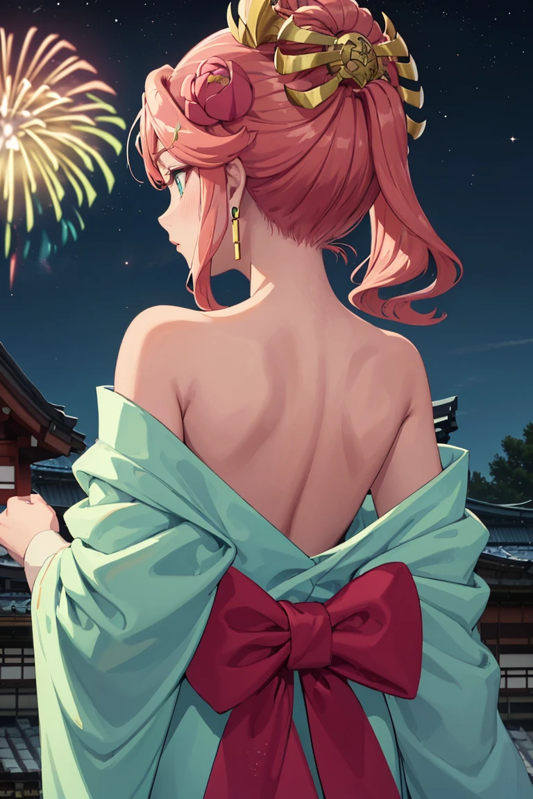 masterpiece, best quality, absurdres, Gyokuyou, aqua eyes, earrings, hair ornament, hair flower, aurora, back, bare back, bare shoulders, bow, constellation, crescent moon, (facing away:1.3), fireworks, from behind, japanese clothes, kimono, light particles, long sleeves, off shoulder, <lora:CHAR-Gyokuyou:0.8>