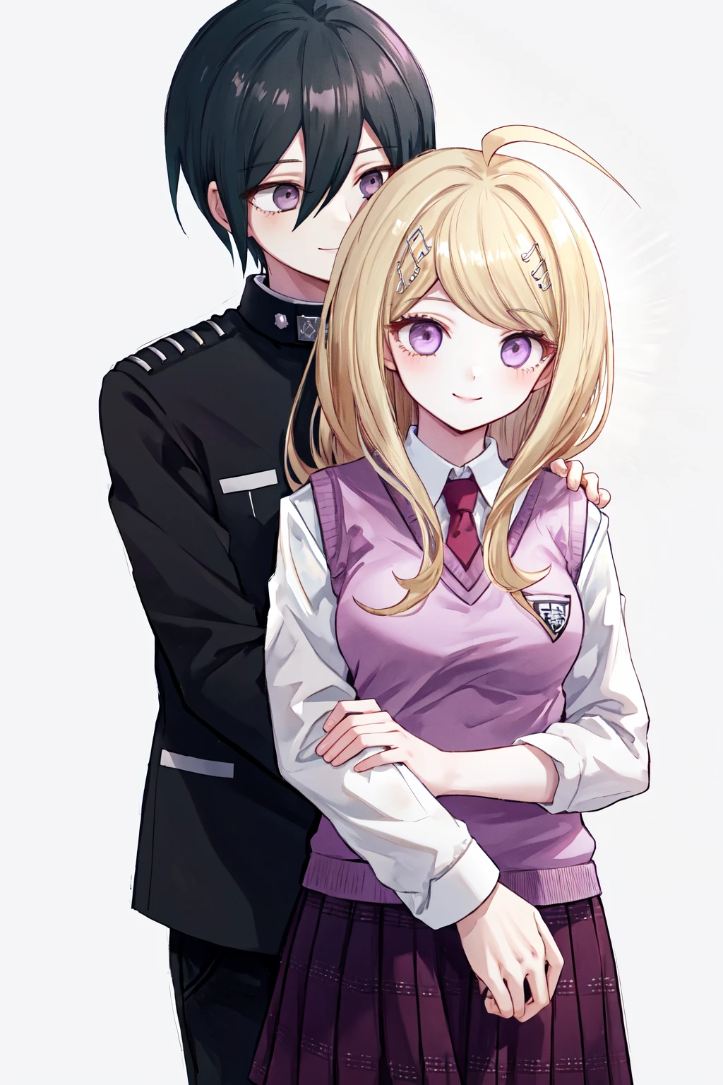 masterpiece, best quality, highres, 1boy shuichi jacket black pants, 1girl kaede sweater vest purple skirt white shirt <lora:shuichi_kaede:1> hug from behind, smile