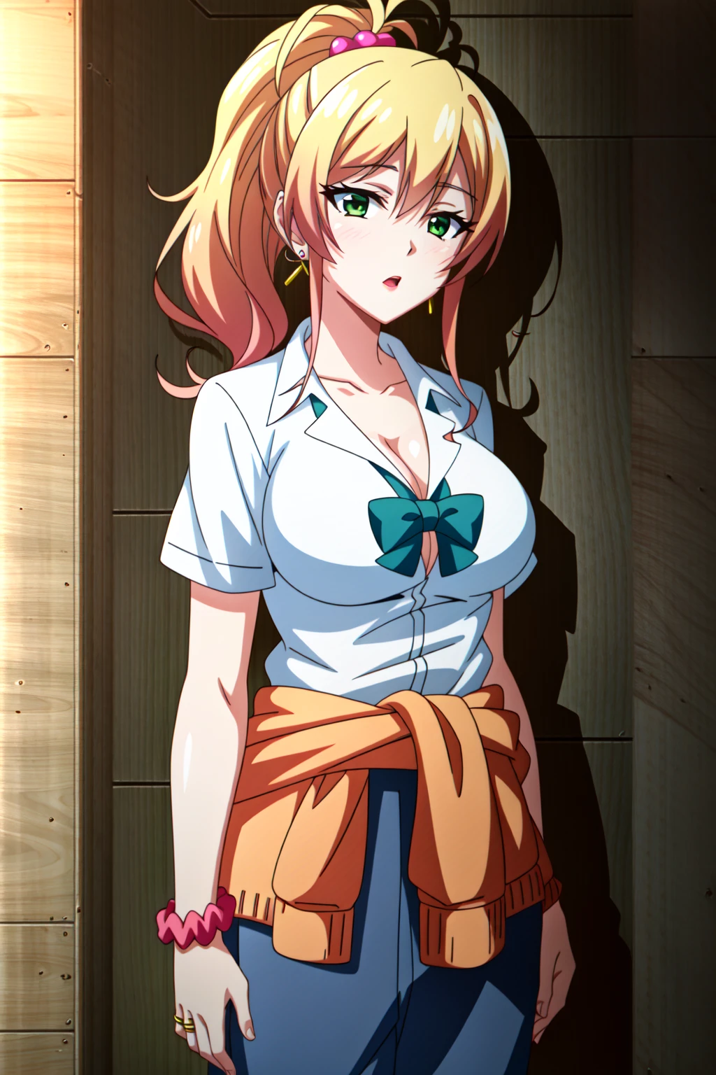 (extremely detailed CG unity 4k wallpaper),(anime coloring),(masterpiece),(best quality),(ultra-detailed),(best illustration),(best shadow),(absurdres),(detailed background), <lora:OGT_Yukana_Yame-v3:0.6> Yukana Yame, 1girl, jewelry, solo, ring, hair twirling, green eyes, blonde hair, gyaru, breasts, ponytail, pink hair, earrings, bracelet, bow, long hair, cleavage, large breasts, scrunchie, shirt, clothes around waist, kogal, wrist scrunchie, school uniform